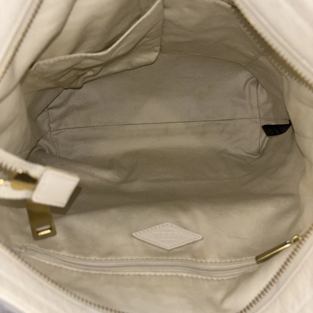 Fossil Maya Collection Hobo Cream & Blue Leather Canvas Adjustable Crossbody EUC